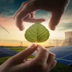 Energy future represented by hands holding a green leaf in front of solar panels, wind turbines, and power infrastructure.