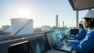 Engineers monitoring storage tank inspection processes using AI-driven digital twins for predictive maintenance.