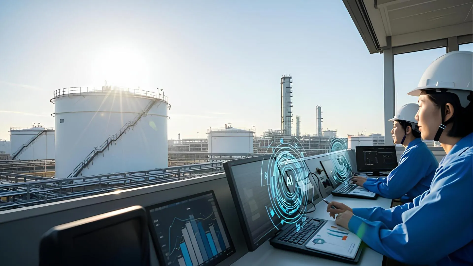 Engineers monitoring storage tank inspection processes using AI-driven digital twins for predictive maintenance.