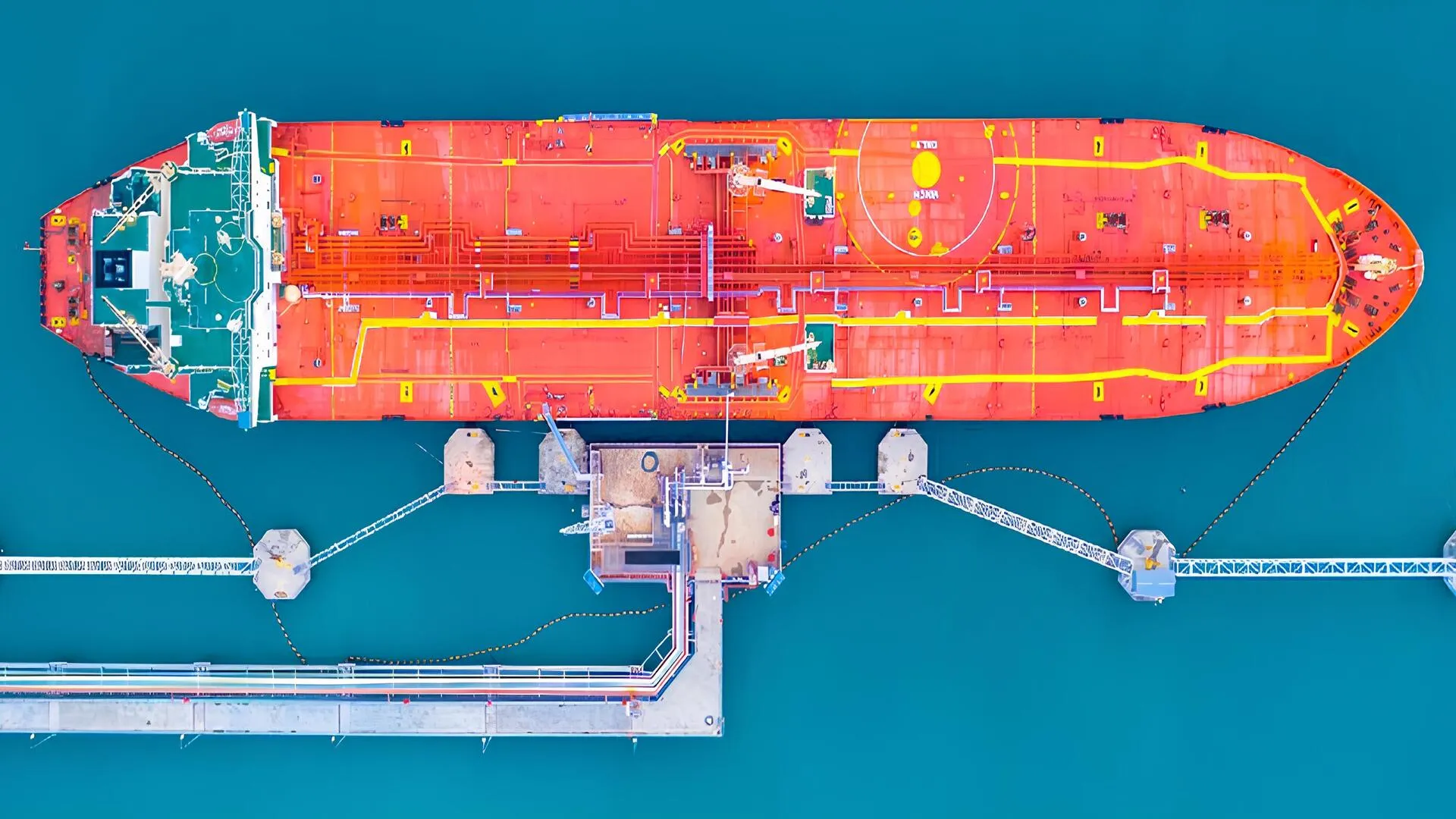 Buque tanque conectado a infraestructura portuaria para operaciones de carga y descarga en terminal marítima especializada.