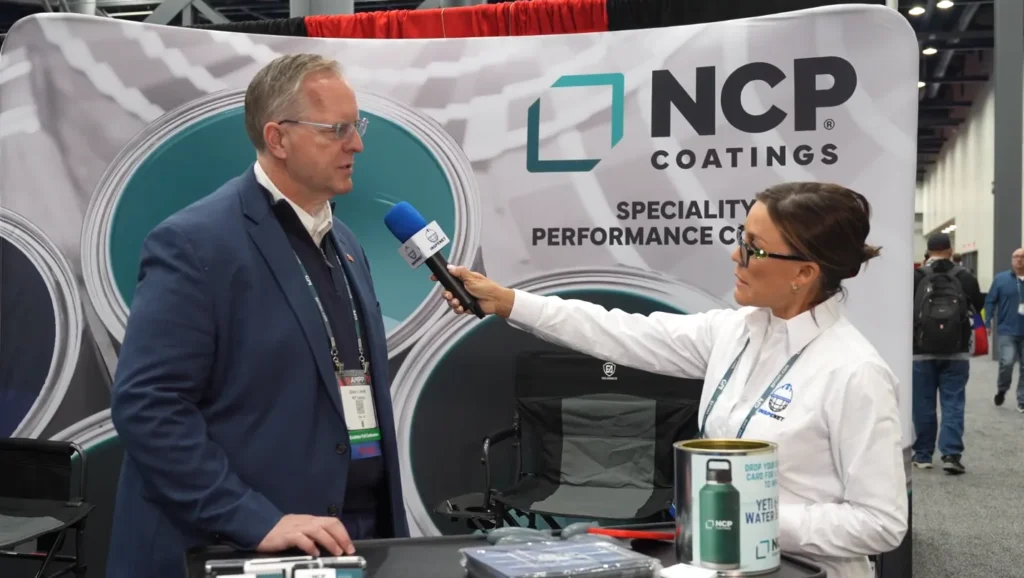 Entrevista sobre recubrimientos industriales en el stand de NCP Coatings durante AMPP 2026.