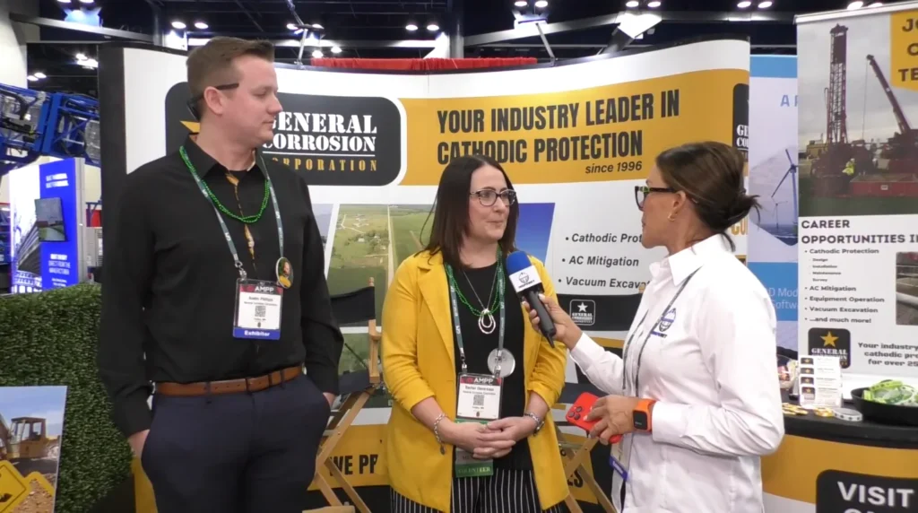 Entrevista sobre protección catódica en el stand de General Corrosion Corporation durante AMPP 2026.