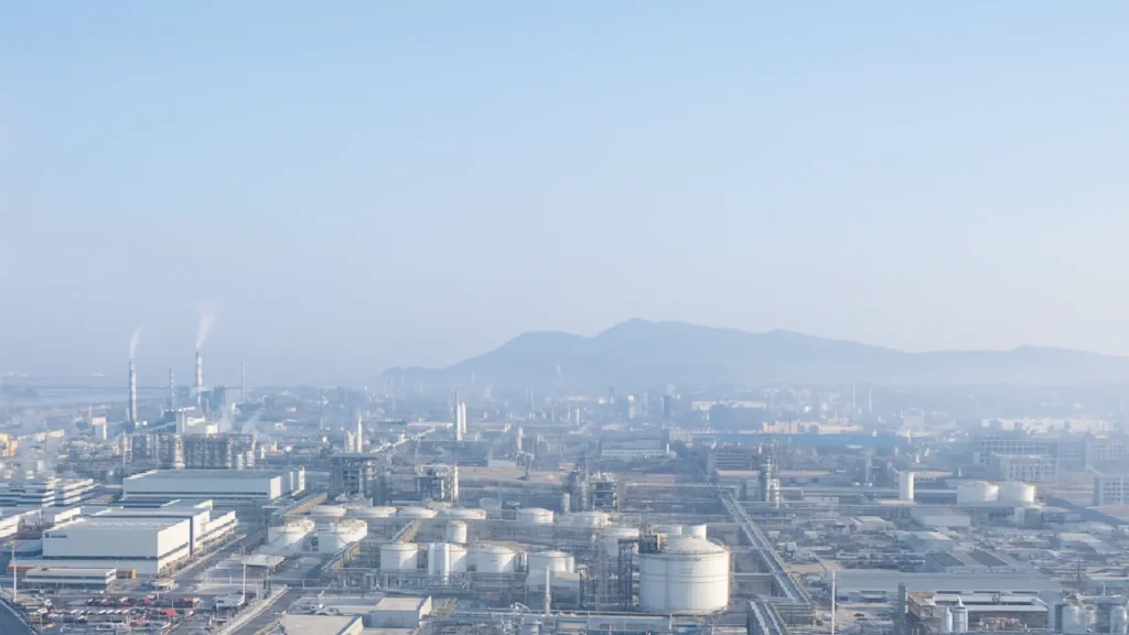 Vista panorámica de una zona industrial con infraestructura energética, representando la importancia del gas natural en la transición energética según el Dr. Óscar Mendoza.