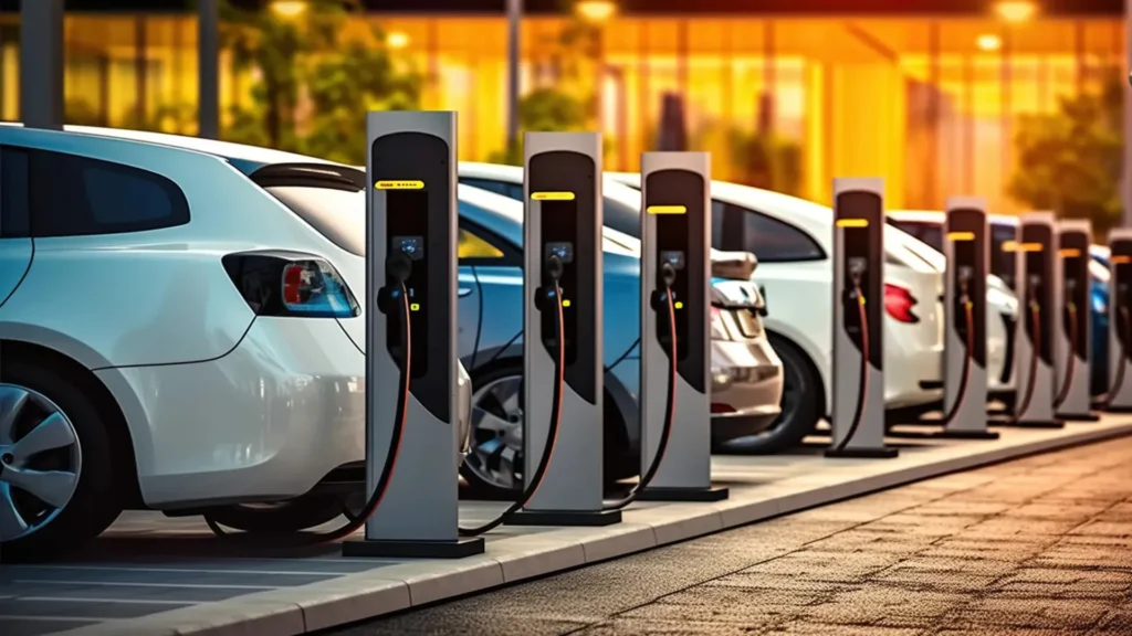 Estación de carga de vehículos eléctricos con varios automóviles enchufados en un entorno urbano moderno al atardecer.