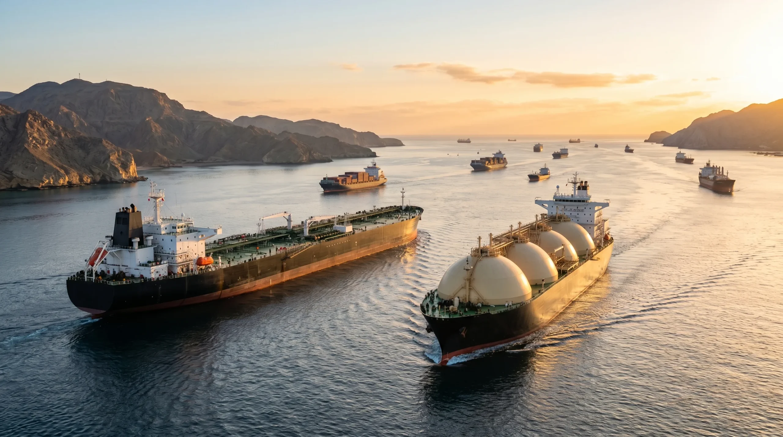 Estrecho de Ormuz con petrolero y buque LNG retomando el tránsito energético internacional tras la reapertura de la ruta marítima.