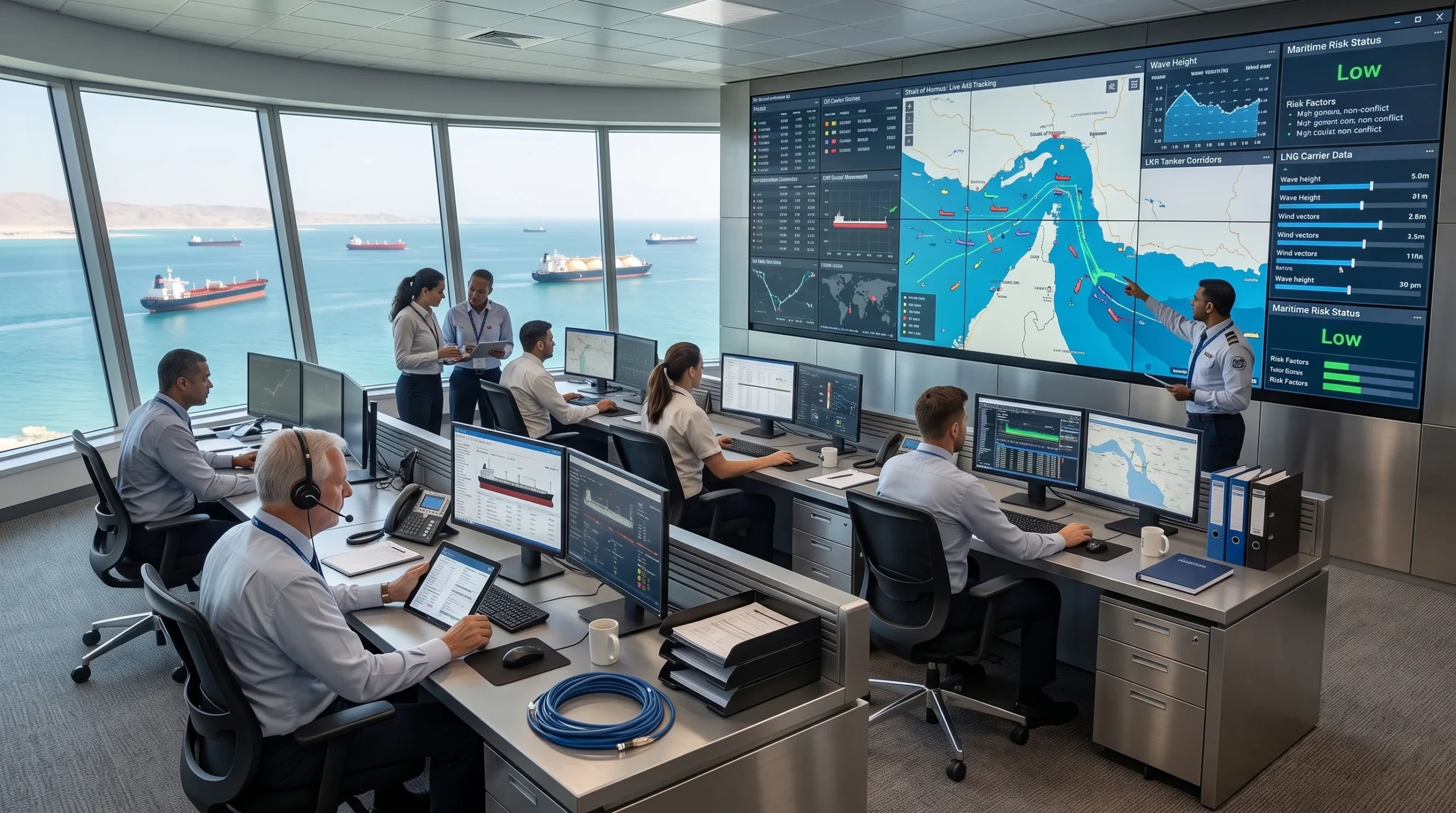 Estrecho de Ormuz monitoreado desde un centro de control marítimo para garantizar la continuidad del transporte de petróleo y GNL