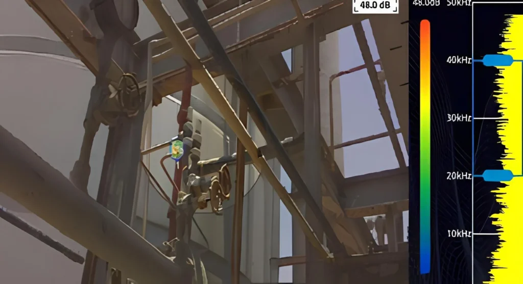 Inspección acústica de tuberías y válvulas elevadas donde el sensor resalta un punto coloreado indicando un posible escape.