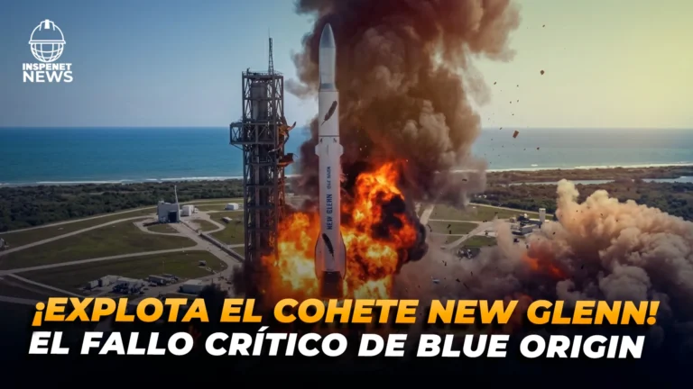 Explosión de New Glenn en la plataforma de Blue Origin durante una prueba en Cabo Cañaveral, con una gran columna de humo y fuego alrededor del cohete.