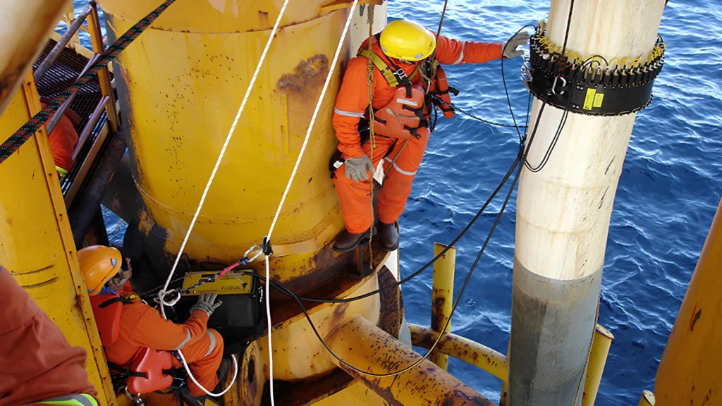 Technicians performing non-destructive testing on offshore structures during marine platform inspection