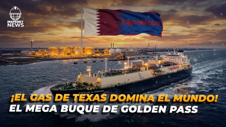 Exportaciones de gas natural licuado con buque de ExxonMobil saliendo de terminal energética en Texas.