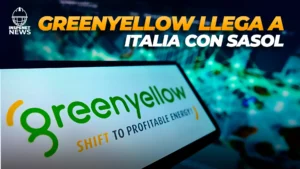 Pantalla con el logotipo de GreenYellow y titular que anuncia su alianza con Sasol en Italia.