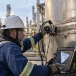 Inspector realizando inspección ultrasónica avanzada PAUT en soldadura de equipo de refinería susceptible a HTHA