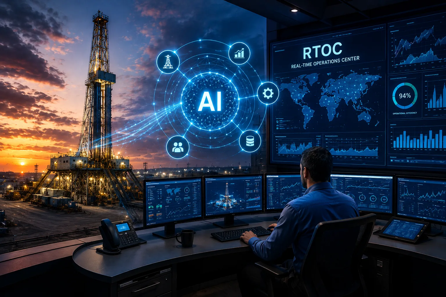 IA en perforación con plataforma de perforación digital y centro de operaciones en tiempo real