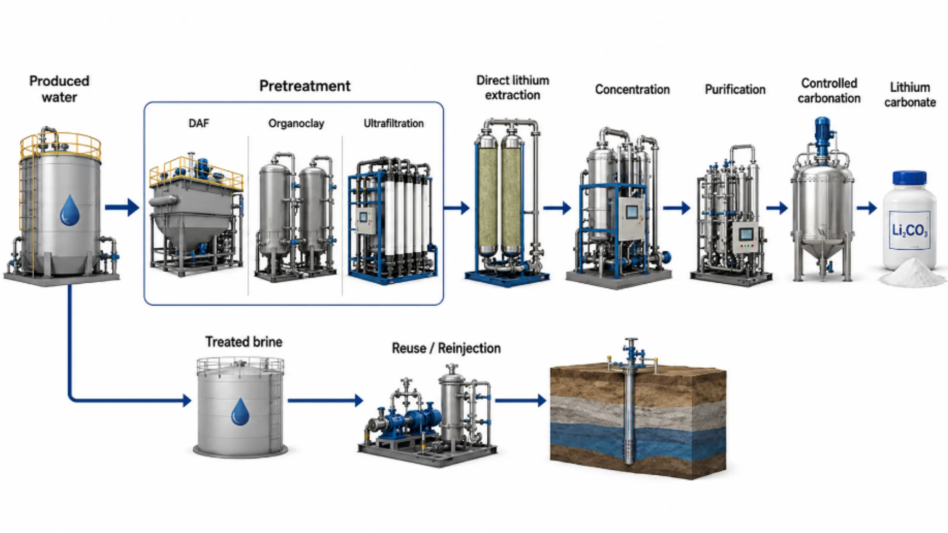 Treatment process for recovering lithium from produced water. 