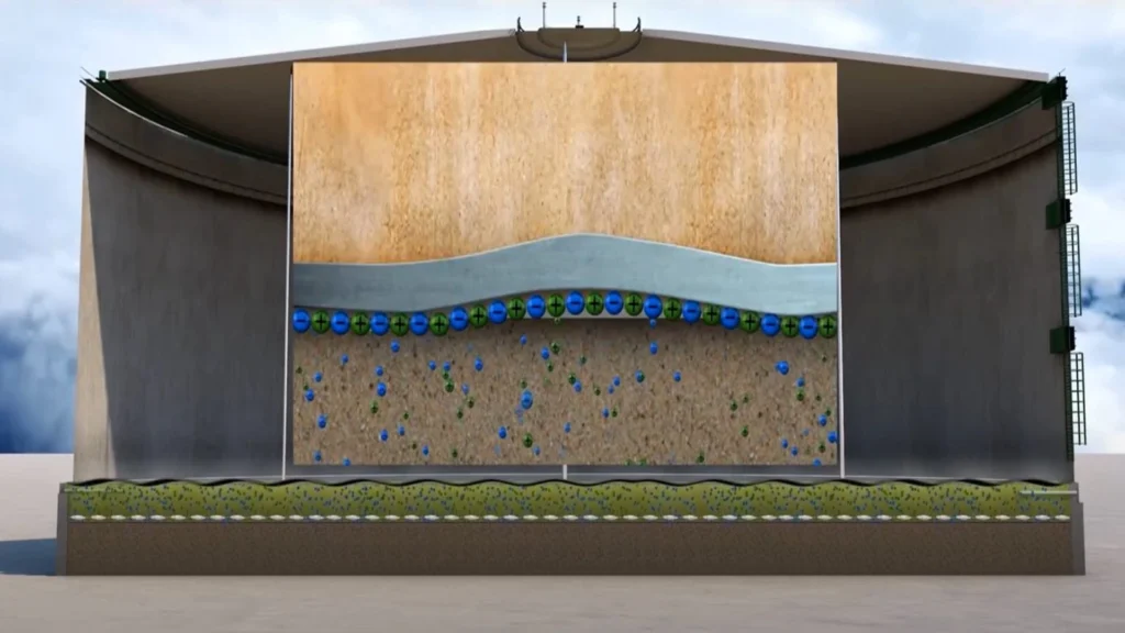 Representación de cómo los VCI crean una barrera química en la zona “soil-side” del fondo del tanque