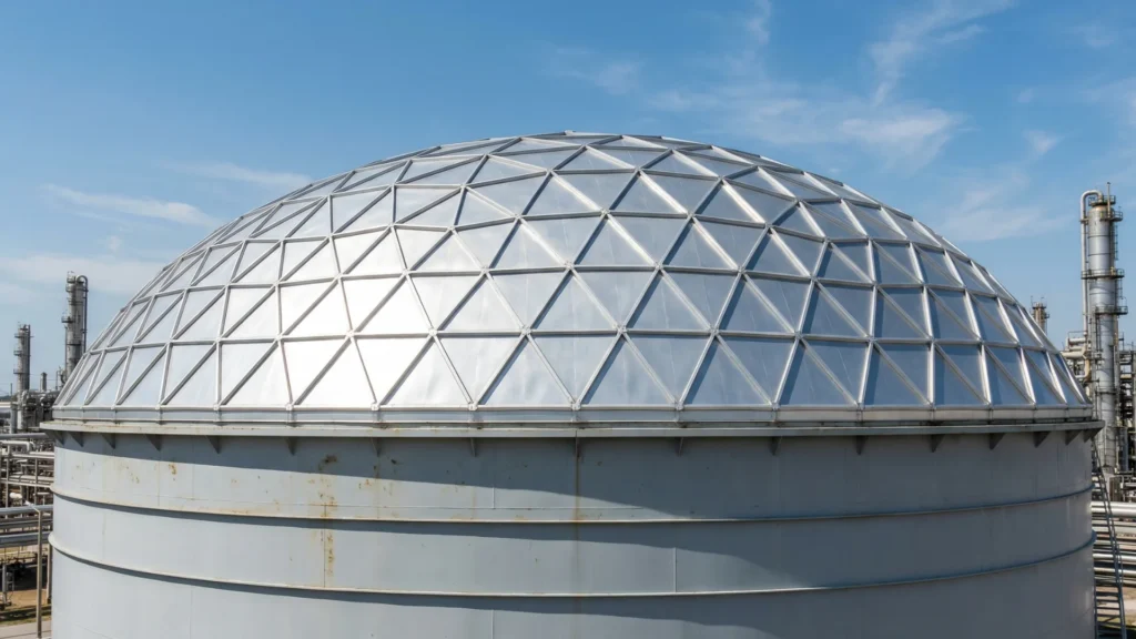 Geodesic dome roofs for tanks: Design, risks and reliability