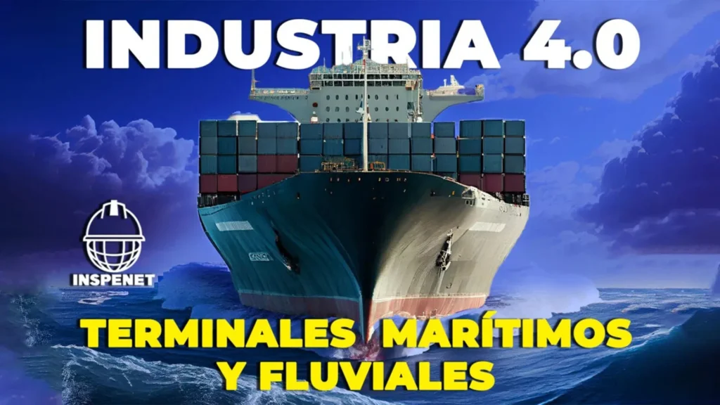 Industria 4.0 en terminales marítimos y fluviales con buque de carga en operación.