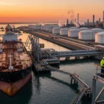Importaciones de petróleo de India en una terminal marítima con un buque petrolero descargando crudo hacia una moderna refinería.