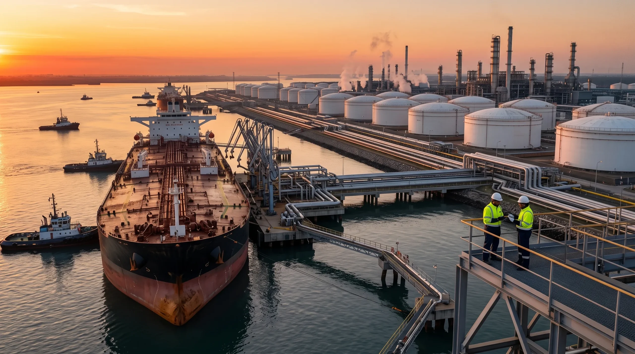 Importaciones de petróleo de India en una terminal marítima con un buque petrolero descargando crudo hacia una moderna refinería.