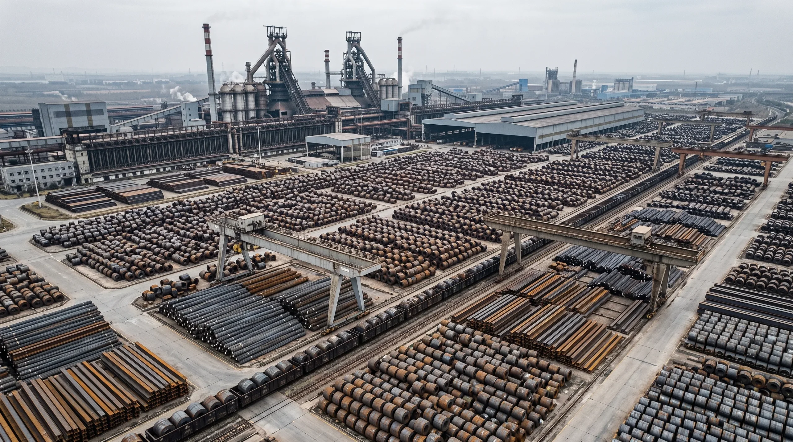 Industria del acero en China con grandes inventarios de bobinas y barras en un complejo siderúrgico que refleja el exceso de oferta y la desaceleración de la demanda.