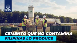 Trabajadores manipulando cemento ecológico en planta sostenible de Filipinas.