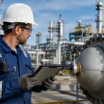 Industrial inspector conducting an inspection at a refinery using a tablet, representing API certification and asset integrity.