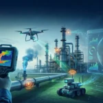 Industrial inspection with smart NDT, showing an operator using an ultrasonic acoustic imager while drones and robots detect gas leaks at a power plant.