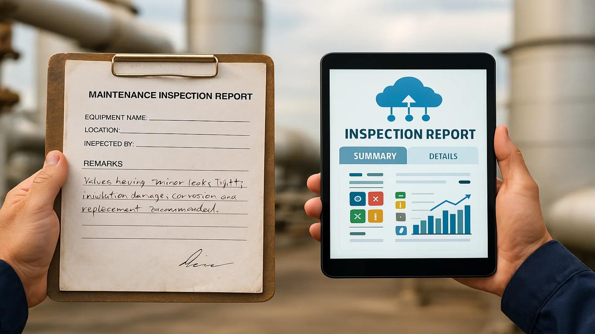 Informe de inspección industrial en papel comparado con un informe de inspección digital en una tableta, que muestra la transición de los flujos de trabajo manuales de ensayos no destructivos (END) a la moderna infraestructura digital para la inspección industrial.