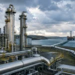 Infraestructura de captura y almacenamiento de carbono con planta industrial, gasoducto y plataforma offshore para transporte y almacenamiento de CO₂ en Reino Unido