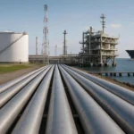 Infraestructura energética con tanques de almacenamiento, ductos midstream y terminal offshore junto a un buque, ilustrando el papel de estos activos en la transición energética.