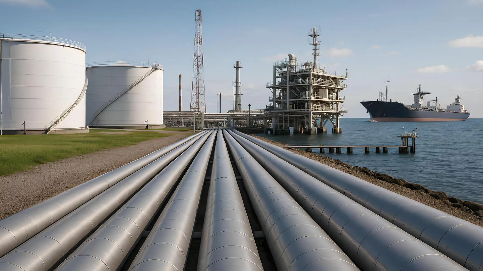 Infraestructura energética con tanques de almacenamiento, ductos midstream y terminal offshore junto a un buque, ilustrando el papel de estos activos en la transición energética.