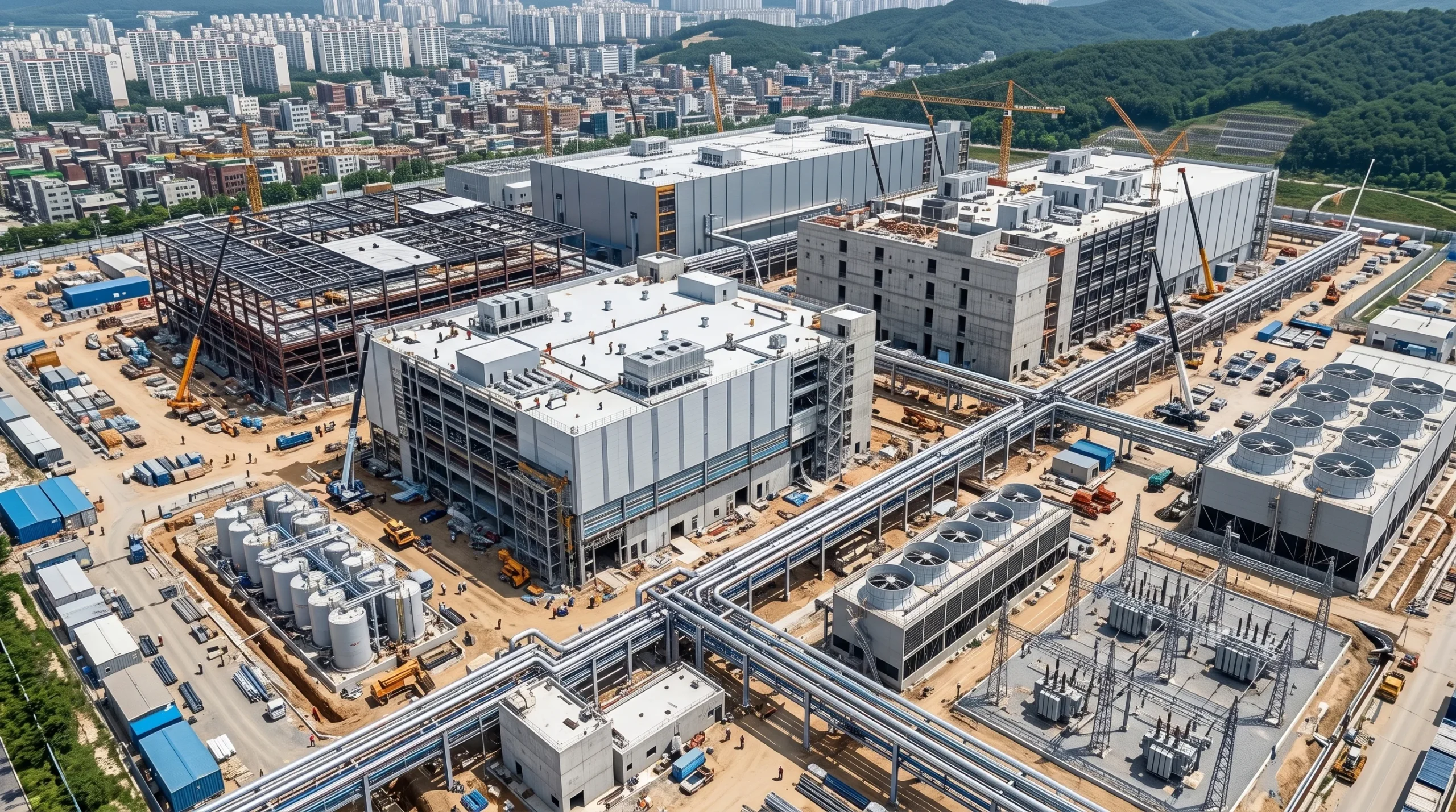 Infraestructura para IA con complejo industrial de fabricación de semiconductores equipado con sistemas de energía, agua ultrapura y automatización avanzada
