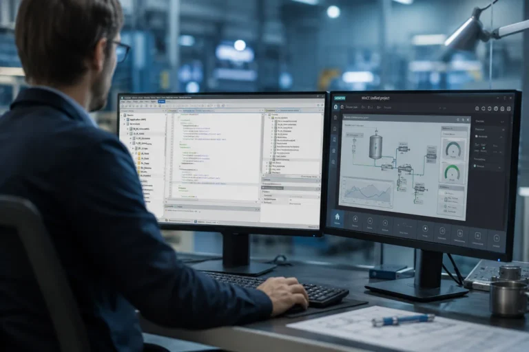 Ingeniería de interfaces HMI con programación basada en código para automatización industrial.