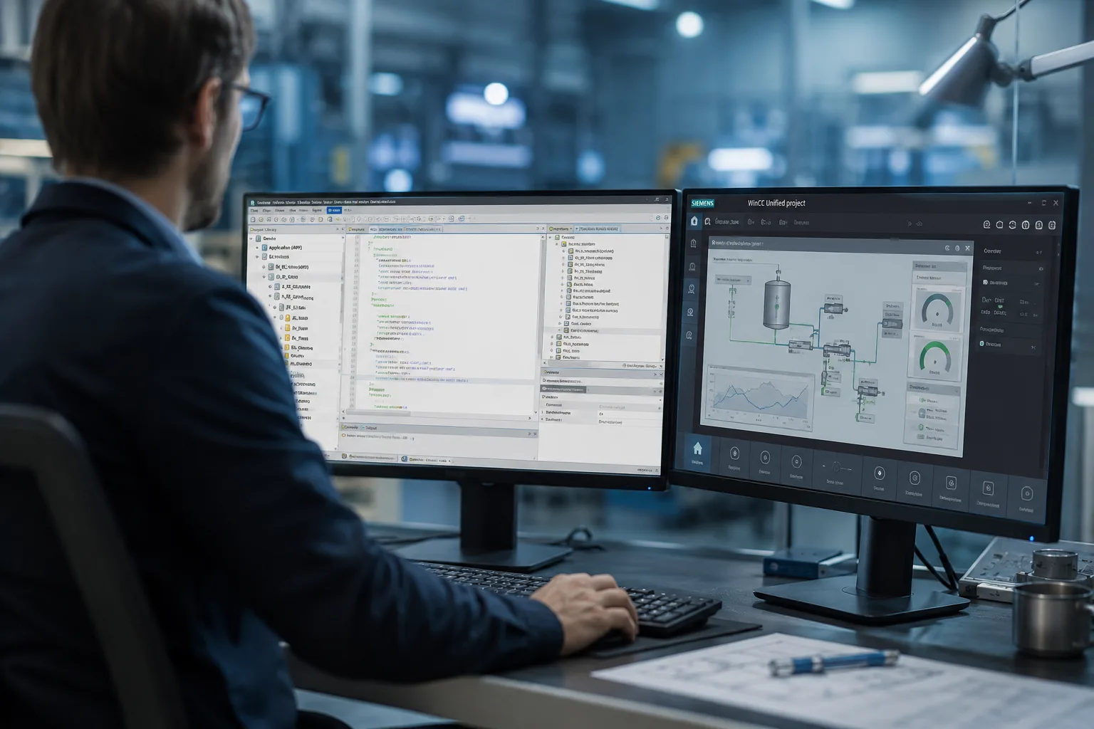 Ingeniería de interfaces HMI con programación basada en código para automatización industrial.