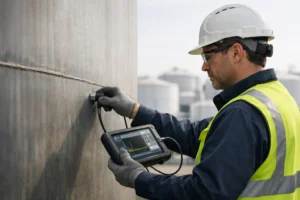 Inspector performing ultrasonic thickness testing on a storage tank wall as part of storage integrity practices discussed at AST 2026.