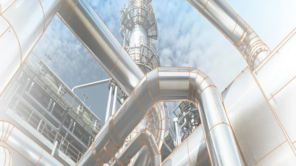 Industrial pipeline system with digital overlay highlighting integrity monitoring and asset management for oil and gas infrastructure.