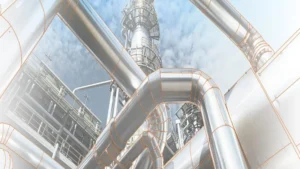 Industrial pipeline system with digital overlay highlighting integrity monitoring and asset management for oil and gas infrastructure.