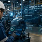 Inteligencia artificial en mantenimiento industrial con técnico supervisando equipos mediante análisis predictivo, sensores IoT y monitoreo de condición en tiempo real