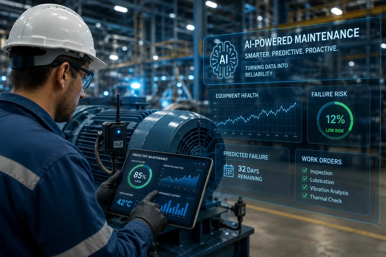 Inteligencia artificial en mantenimiento industrial con técnico supervisando equipos mediante análisis predictivo, sensores IoT y monitoreo de condición en tiempo real