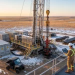 Intervención de pozos mediante un workover rig híbrido equipado con sistemas eléctricos durante operaciones de mantenimiento en un campo petrolero terrestre.