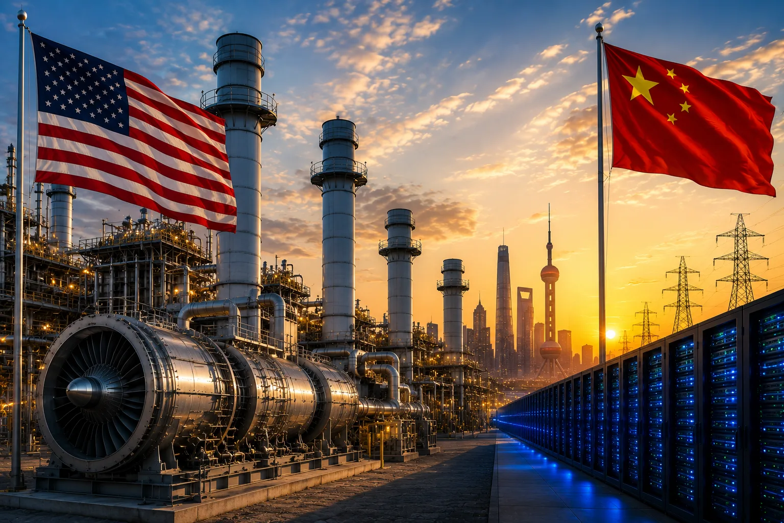 Inversión en generación con gas en Estados Unidos frente a China con infraestructura energética, turbinas de gas y centros de datos para inteligencia artificial