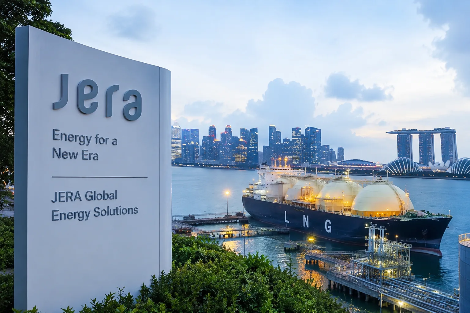 JERA impulsa su estrategia global de GNL desde Singapur con una terminal de gas natural licuado y un buque metanero frente al distrito financiero