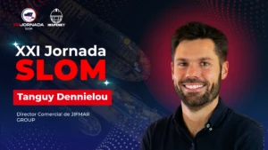 Tanguy Dennielou, Director Comercial de JIFMAR Group, con fondo gráfico y logos de la XXI Jornada SLOM e Inspenet.
