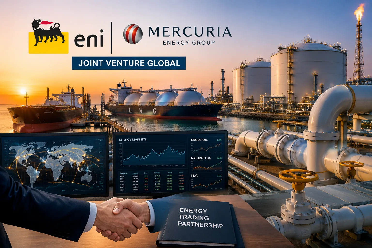 Joint venture Eni Mercuria trading energético para gestionar el comercio global de petróleo, gas natural y GNL mediante infraestructura logística y terminales energéticas
