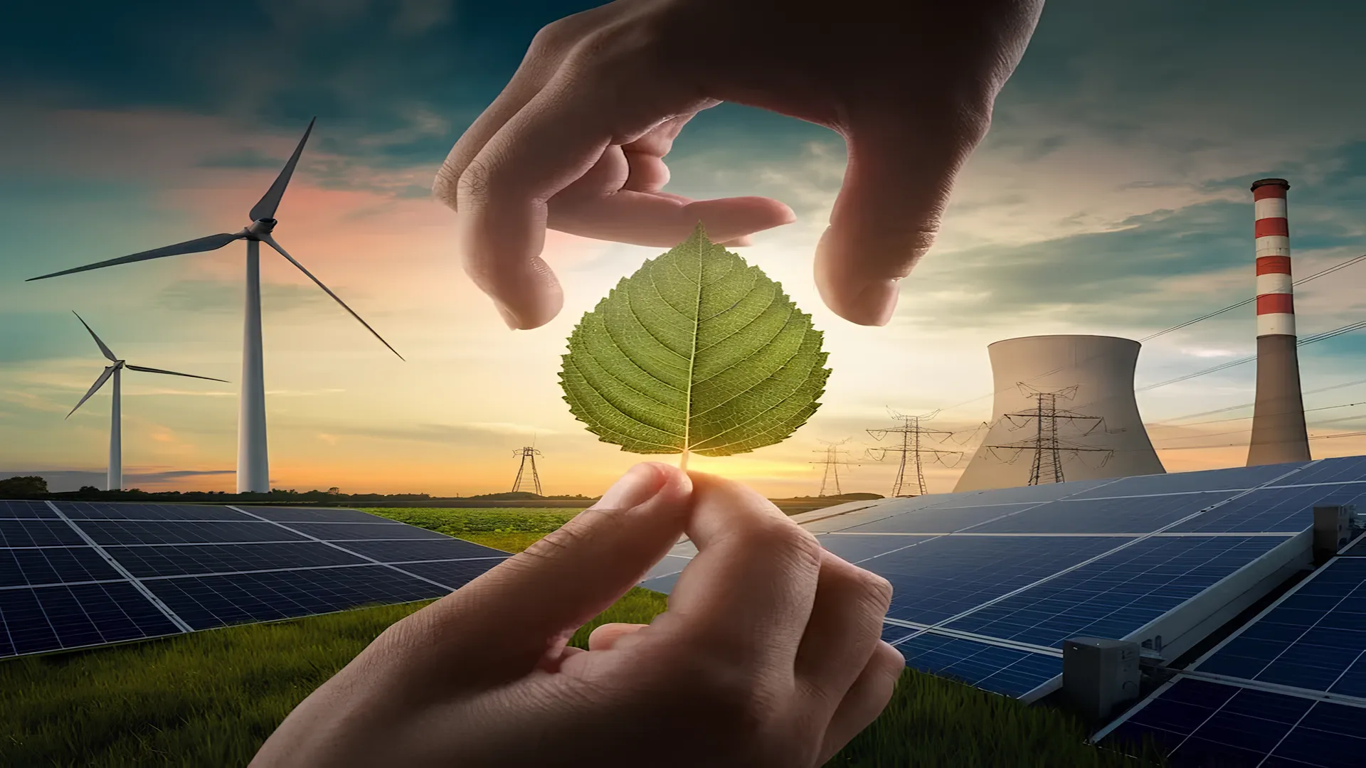 El futuro energético representado por unas manos sosteniendo una hoja verde frente a paneles solares, turbinas eólicas e infraestructura energética.