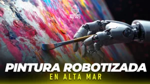 Mano robótica sosteniendo un pincel y aplicando pintura sobre una superficie texturizada, simbolizando automatización industrial en aplicaciones marinas.