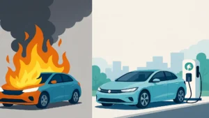 Comparación ilustrativa entre un vehículo de combustión interna incendiado y un vehículo eléctrico cargándose de forma segura en una estación de carga urbana.