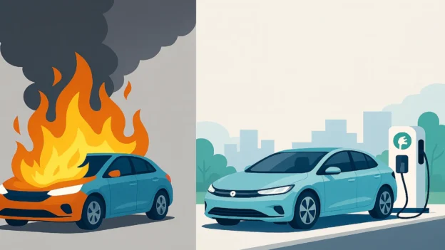 Comparación ilustrativa entre un vehículo de combustión interna incendiado y un vehículo eléctrico cargándose de forma segura en una estación de carga urbana.