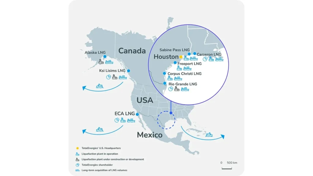 Red de activos e infraestructura de gas natural licuado vinculada a TotalEnergies en Estados Unidos, México y Alaska