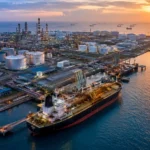 Mercado mundial del diésel con una terminal de combustibles, refinería y buque cisterna durante operaciones de exportación que reflejan la redistribución del comercio energético global.